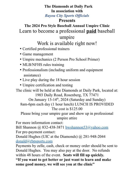 The 2024 Pro Style Baseball Annual Umpire Clinic @ The Diamonds at Daily Park