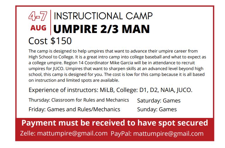 2022 UMPIRE INSTRUCTIONAL CAMP | Aug 4-7