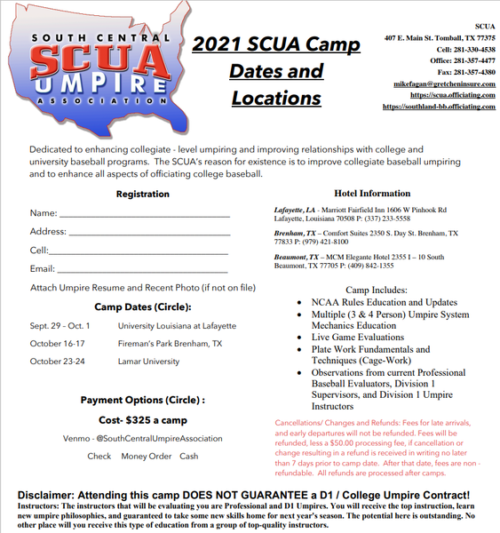 2021 SCUA Umpire Camps Dates Posted