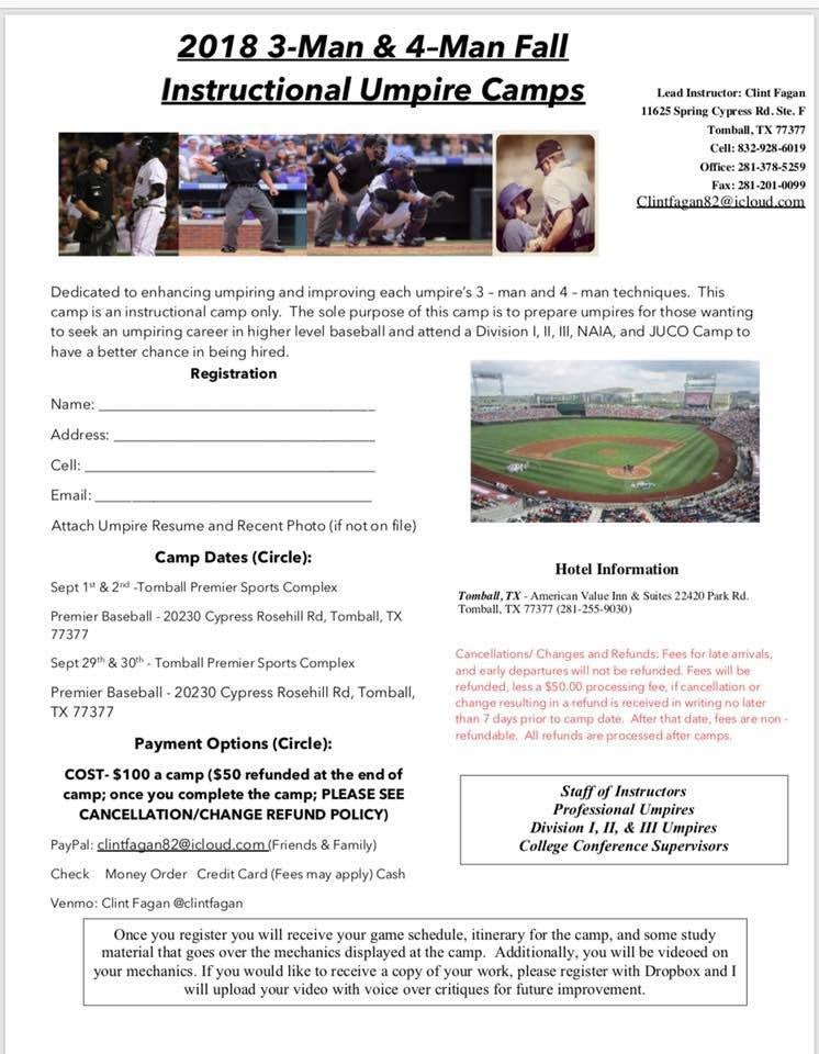 2018 3-Man & 4-Man Fall INSTRUCTIONAL UMPIRE CAMPS