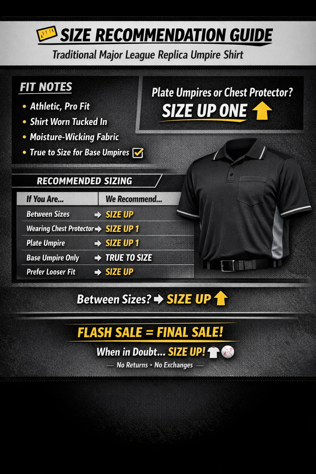 FLASH SALE- Traditional Major League Replica Umpire Shirt - BLACK with CHARCOAL GRAY (Clearance- No returns / No exchanges )
